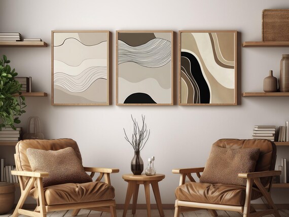 Neutral Abstract Line Art Print Set Modern Boho Wall Decor Trio