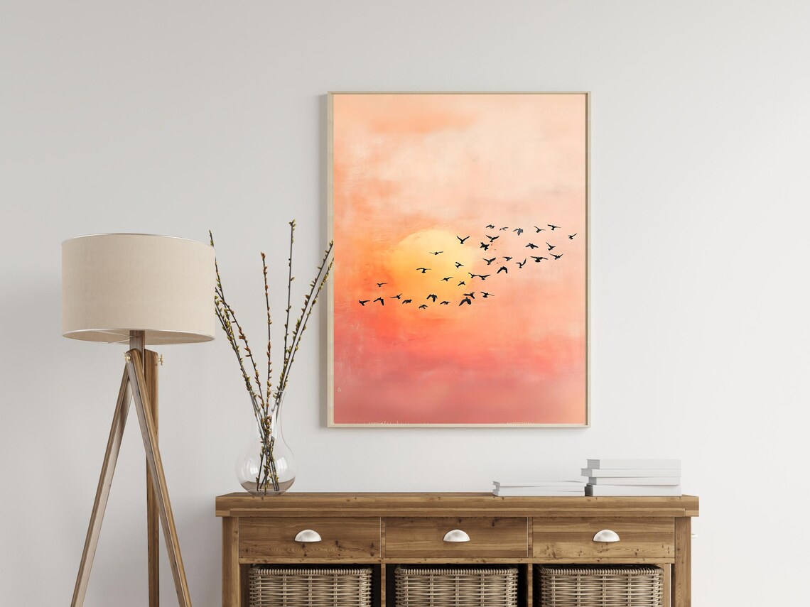 Minimalist Sunset Birds Flock Japandi Style Peach Sky Art Poster
