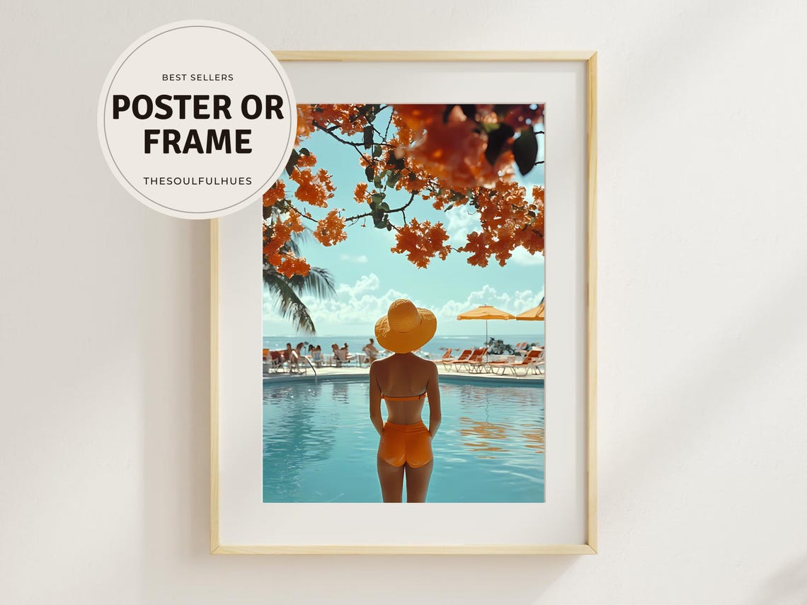 Woman in Straw Hat Poolside Retro Summer Resort Glamour Poster
