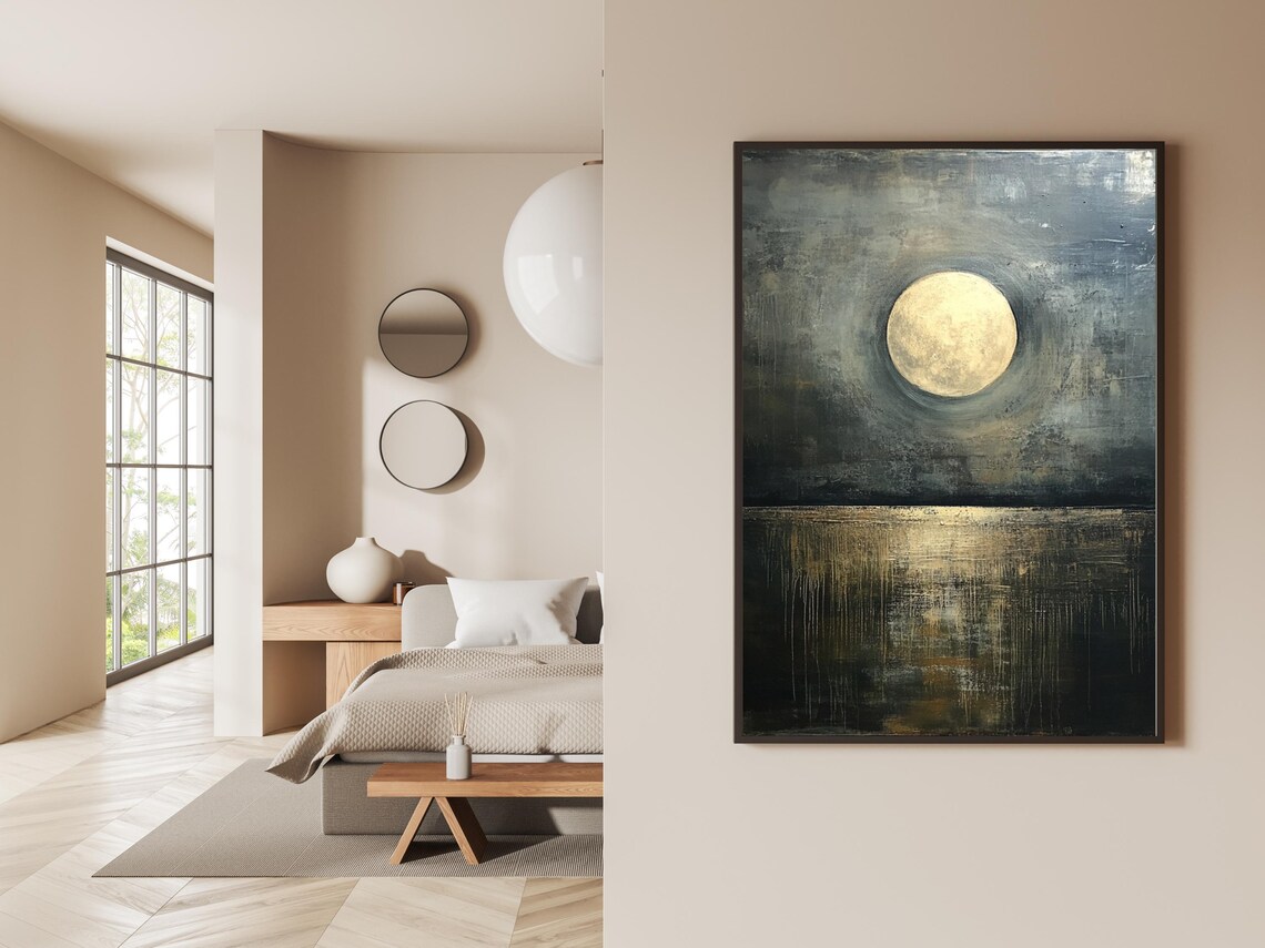 Full Moon Over Dark Ocean Abstract Golden Night Seascape Poster