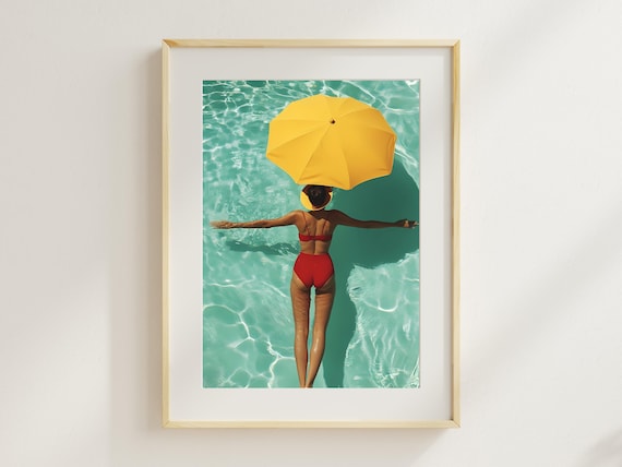 Retro Glam Summer Wall Art Poolside Woman With Yellow Umbrella Print Vintage Midcentury Decor