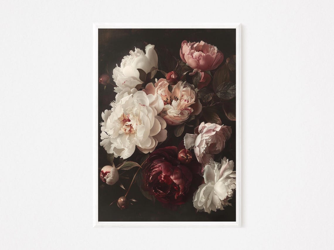 Moody Dark Peony Bouquet Dutch Masters Style Floral Art Poster