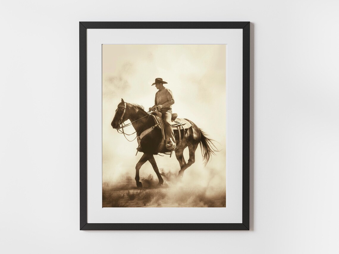 Cowboy Riding Horse Through Dust Storm Sepia Western Photo Poster