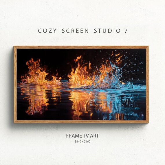 Fire And Water Abstract Elements Flames Ocean Waves Night Poster