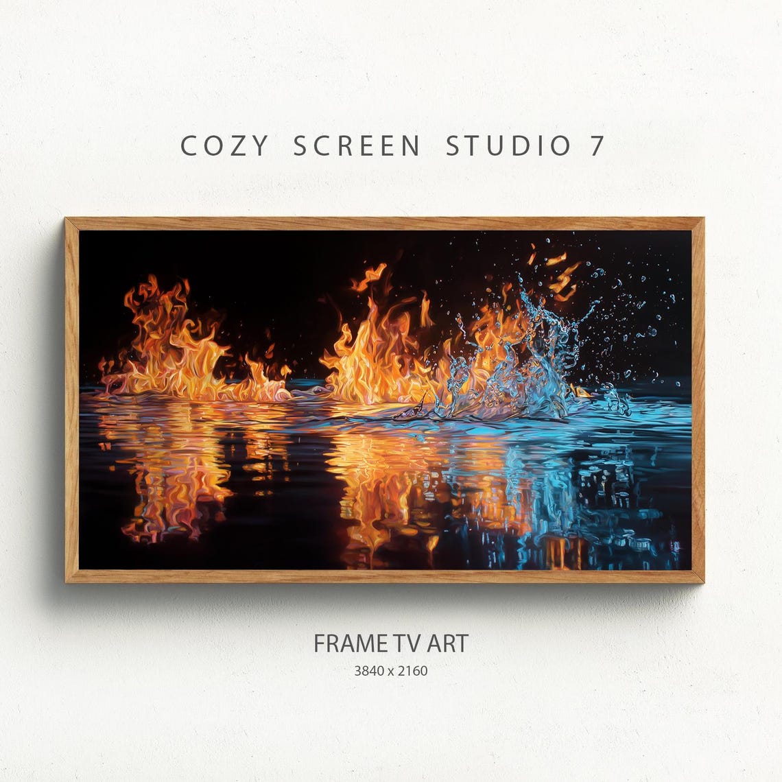 Fire And Water Abstract Elements Flames Ocean Waves Night Poster