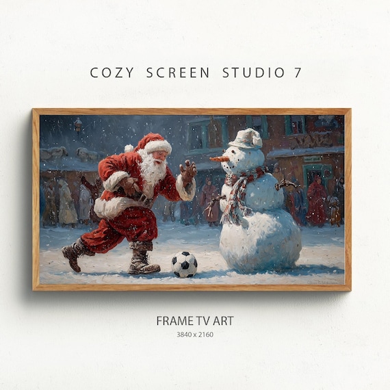 Santa Claus Playing Soccer Snowman Night Village Christmas Poster