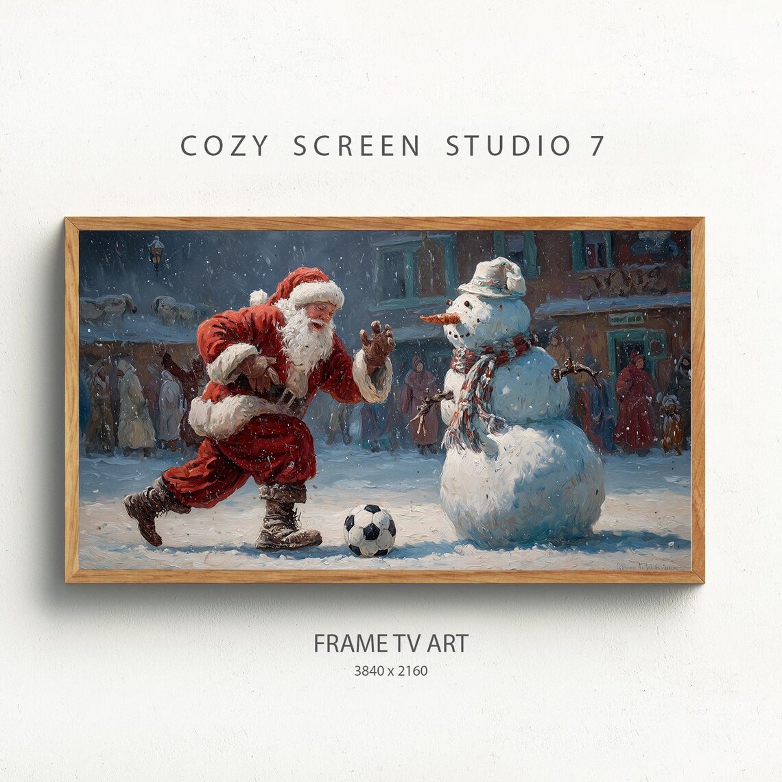 Santa Claus Playing Soccer Snowman Night Village Christmas Poster