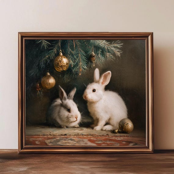 Bunnies Under The Christmas Tree Wall Art Vintage Holiday Painting