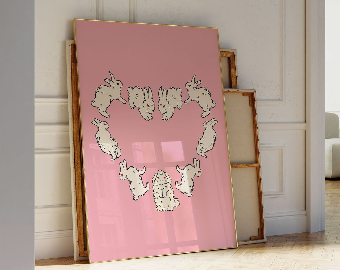 Bunny Rabbit Minimalist Art Print, Pink Heart Decor