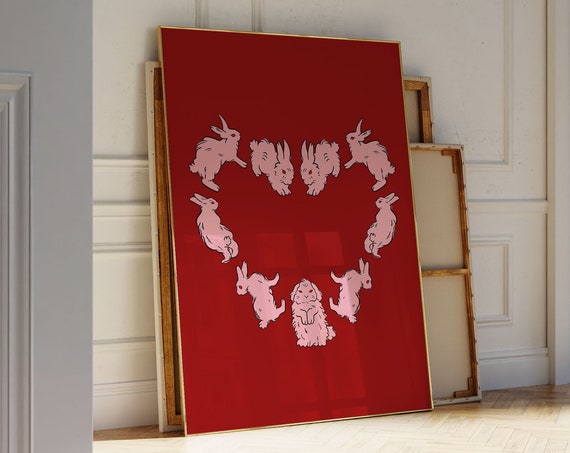 Cute Pink Bunny Rabbits Arranged In Heart Shape On Red Background Poster