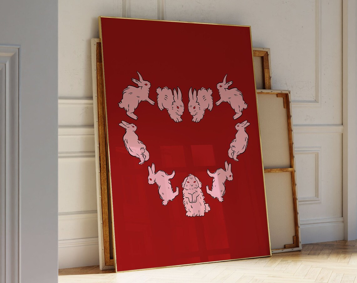 Minimalist Rabbit Wall Art Cute Bunny Decor Pink Heart Design Instant For Apartment Styling