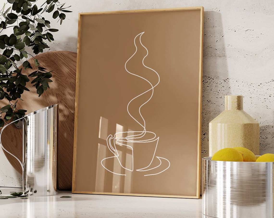 Coffee Cup One Line Art Steaming Cup Brown Tan Modern Kitchen Poster