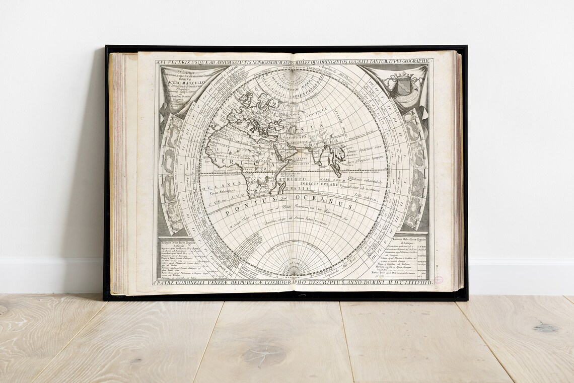 Antique World Map Print 1691 Wall Art Design Chart Instant