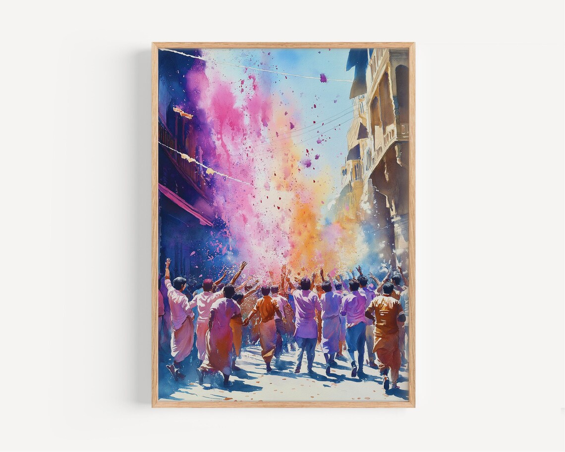 Holi Festival Watercolor Poster, India Travel Decor