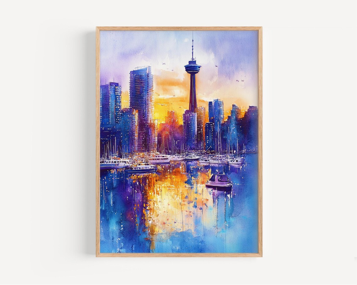 Vancouver Sunset Harbor Watercolor Sailboats Skyline Cityscape Poster