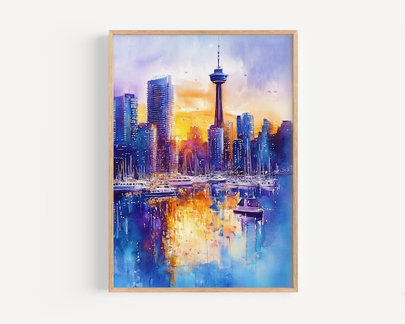 Vancouver Sunset Harbor Watercolor Sailboats Skyline Cityscape Poster