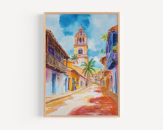 Cartagena Colombia Old Town Church Street Watercolor Travel Poster