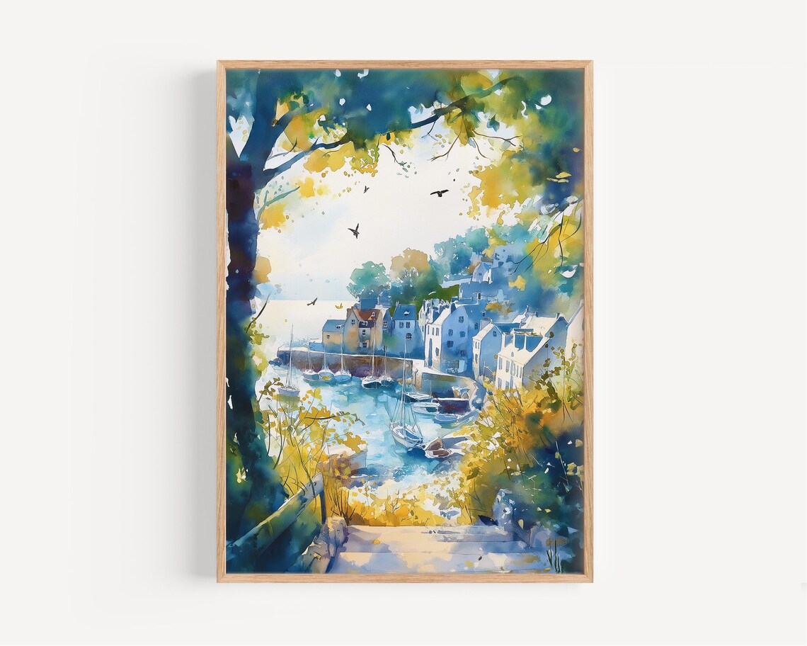 Cornwall Fishing Harbor Sailboats Coastal Village Watercolor Poster