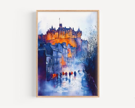 Edinburgh Watercolor Painting Wall Art Print Uk Poster Travel Decor Illustration Home Scottish