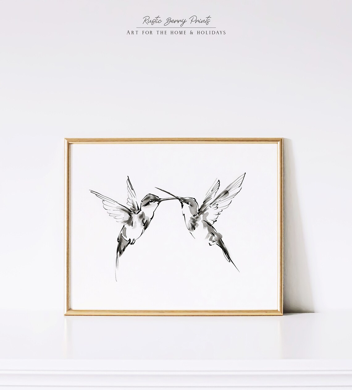 Pair Of Hummingbirds Beaks Touching Gray Ink Watercolor Wall Art