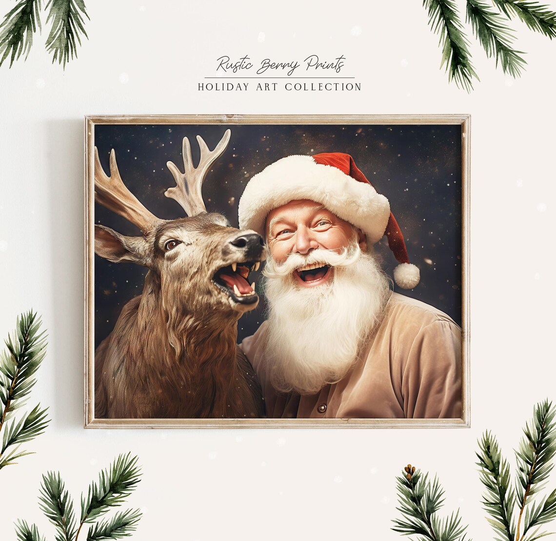 Funny Santa Claus and Reindeer Laughing Vintage Christmas Holiday Art