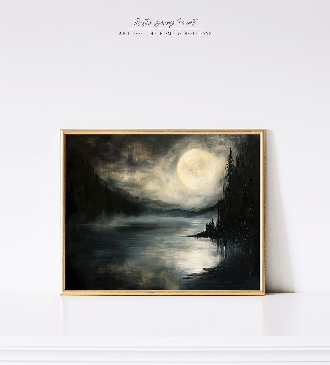 Full Moon Misty Lake Pine Mountains Night Landscape Oil Painting Print