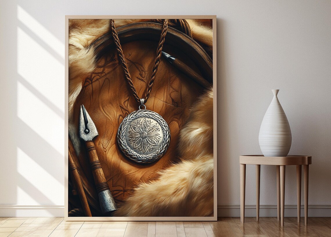 Round Silver Amulet Pendant with Braided Cord on Leather and Fur Poster