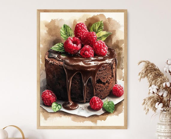 Chocolate Lava Cake Art Print Molten Chocolate And Raspberry Garnish