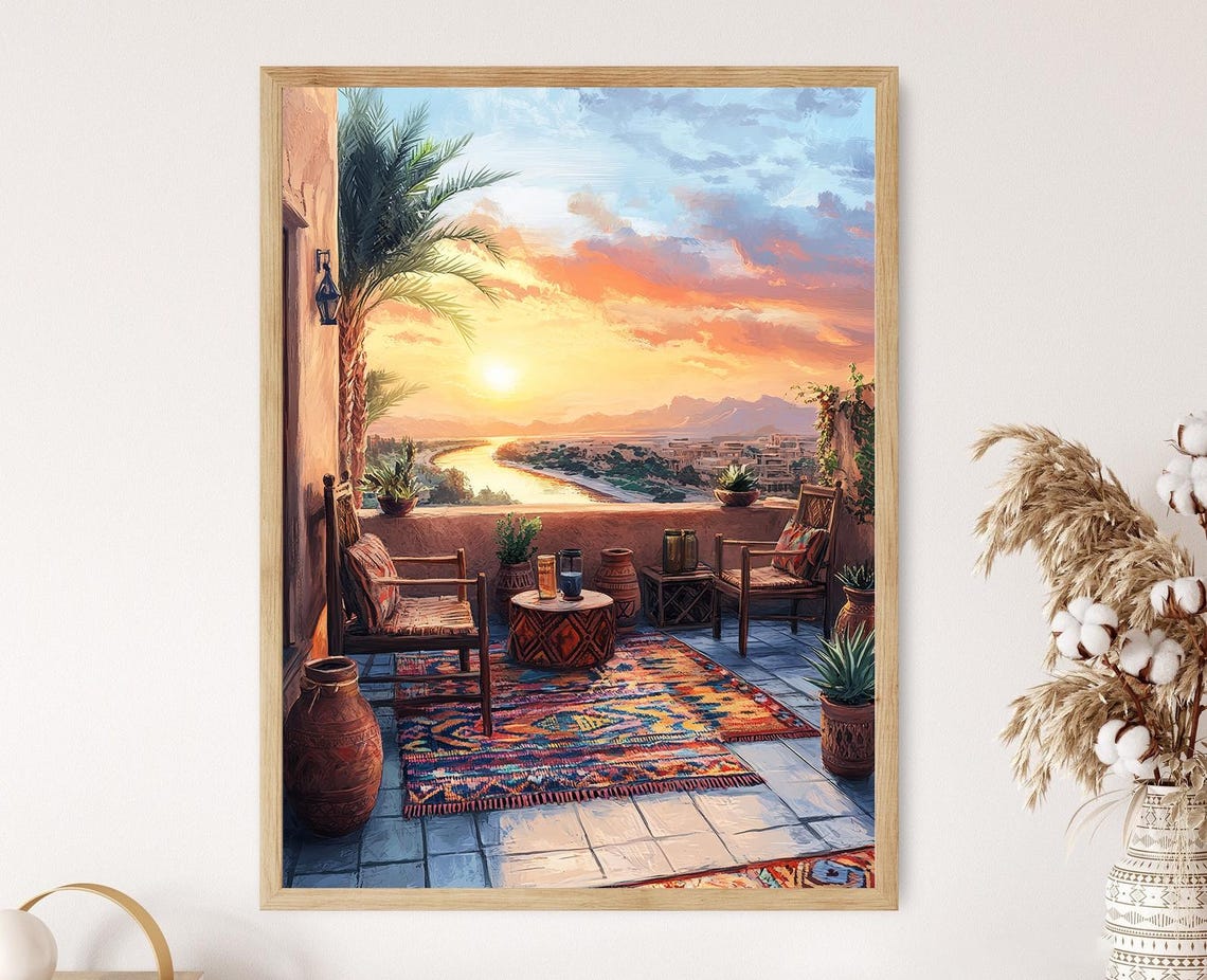 Sudanese Rooftop Patio Art Print Seif Mat Decor Poster Nile River Sunset Illustration