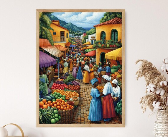 Gabon Marketplace Illustration Colorful Farm Market Painting African Fruit Art Wall Art For Kitchen African Restaurant Decor