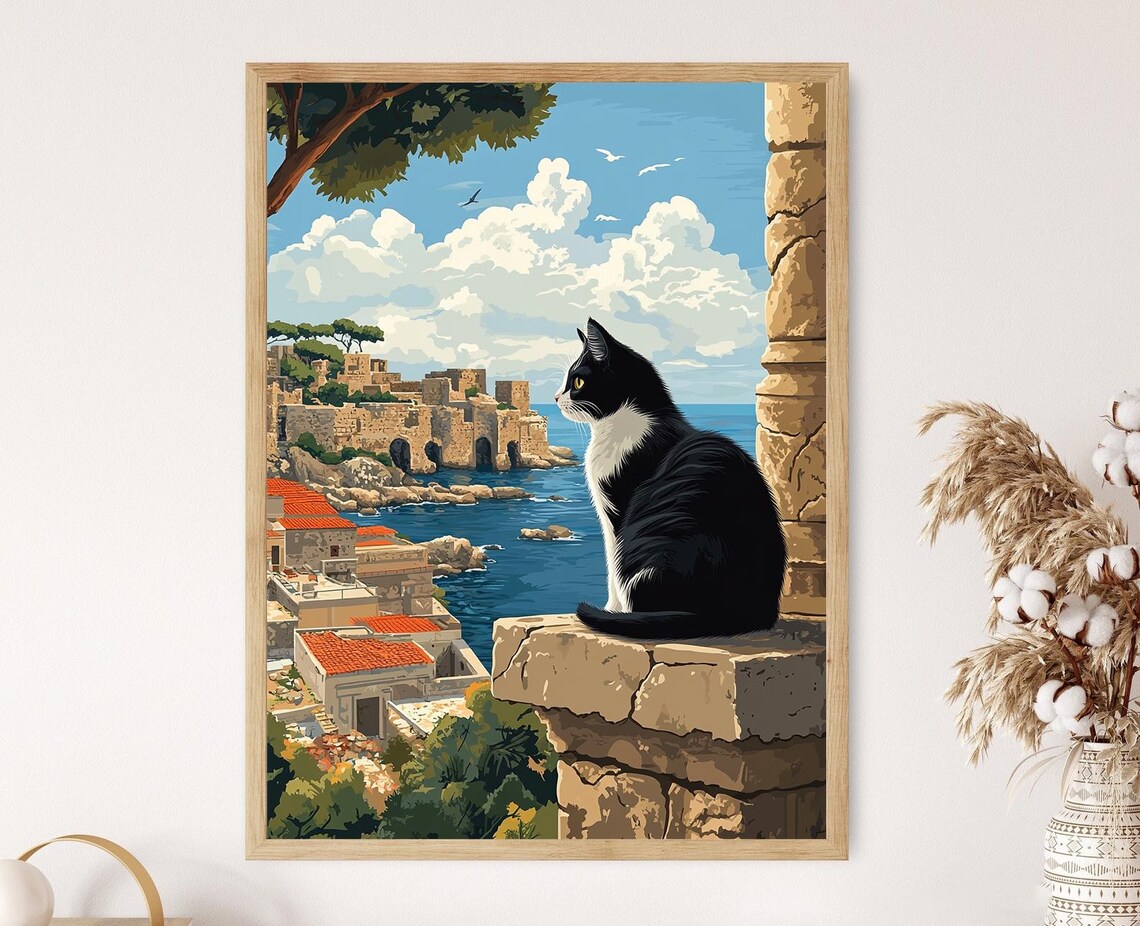 Tyre Cat Poster With Black Cat Overlooking Mediterranean Sea Ruins