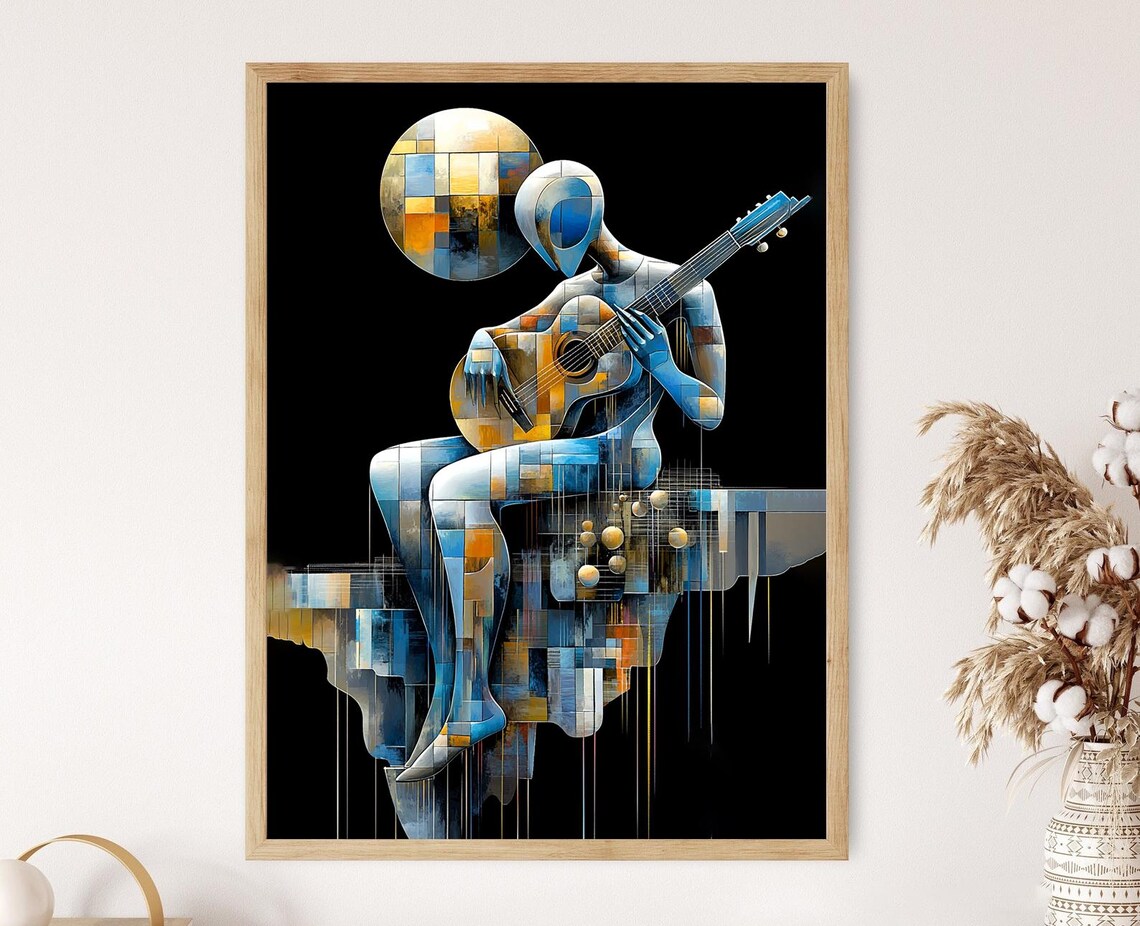 Geometric Cubist Guitarist Seated Under a Golden Moon on Black Poster