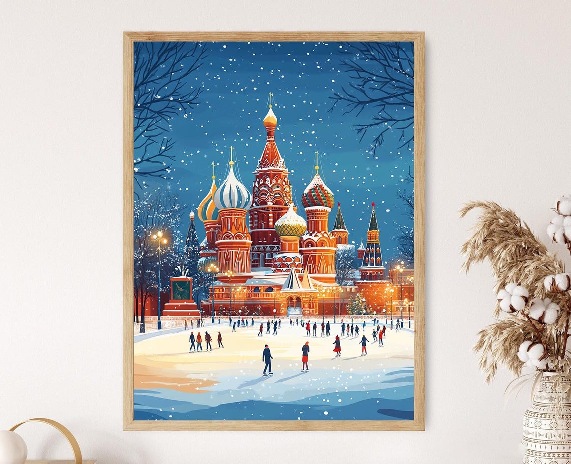 Moscow Red Square Winter Art Print Snowy Russia Decor Saint Basils Cathedral Wall Art