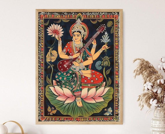 Saraswati Pattachitra Art Print, Indian Folk Art