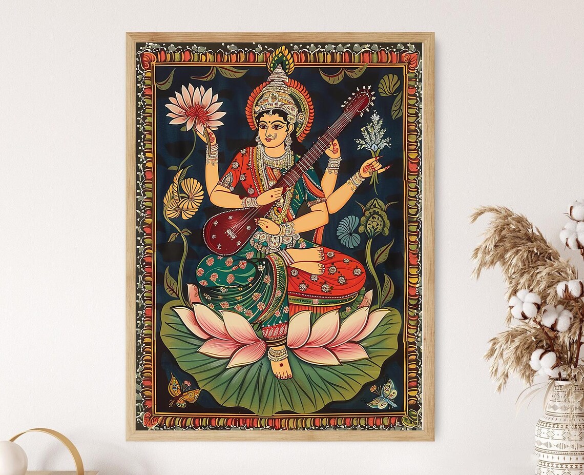 Saraswati Pattachitra Art Print, Indian Folk Art