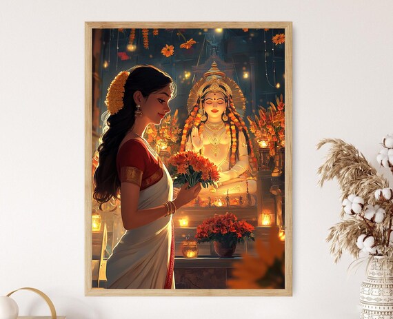 Bengali Woman Offering Flowers to Goddess Durga Puja Festival Poster