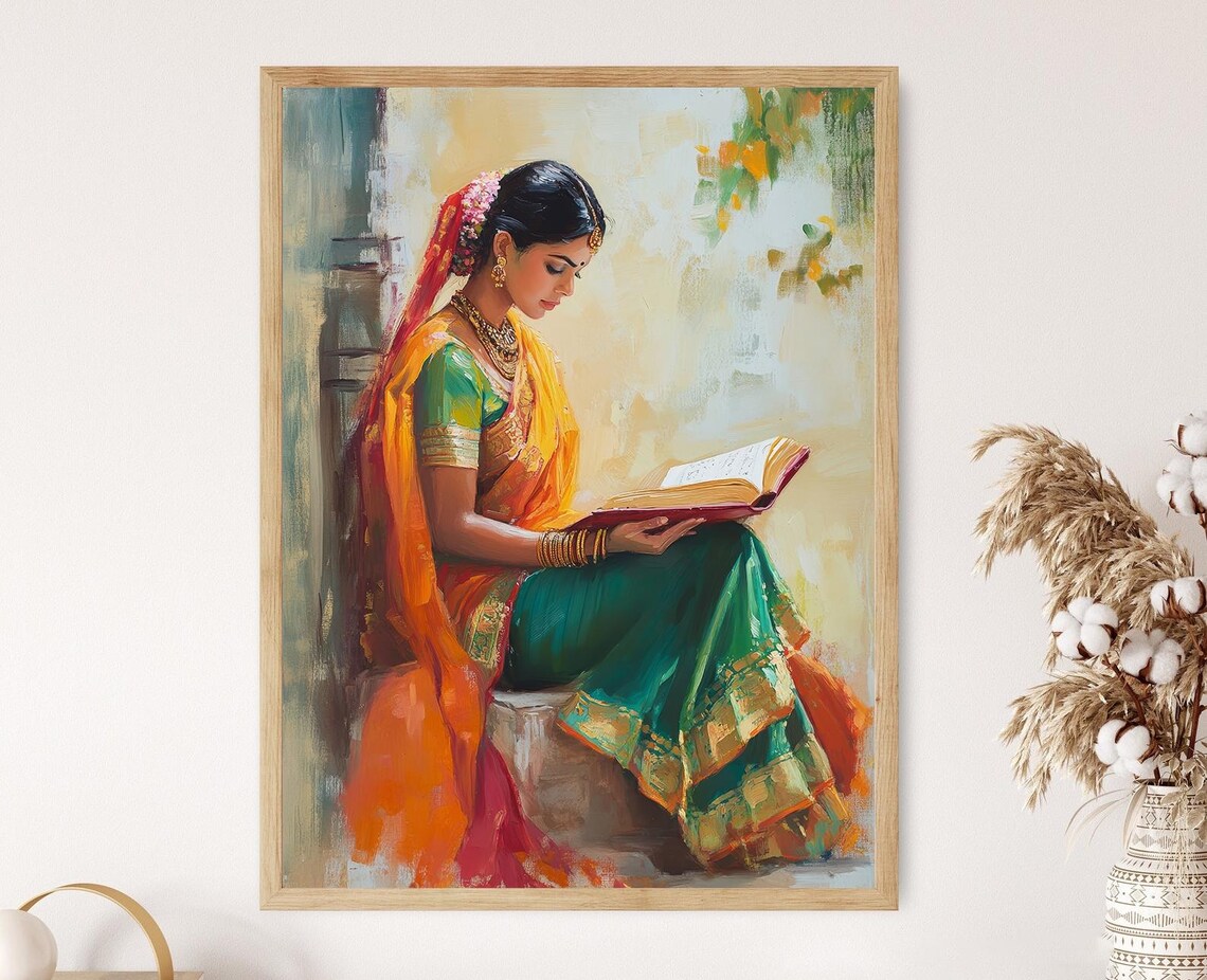 Indian Woman in Saree, Boho Cultural Portrait Print