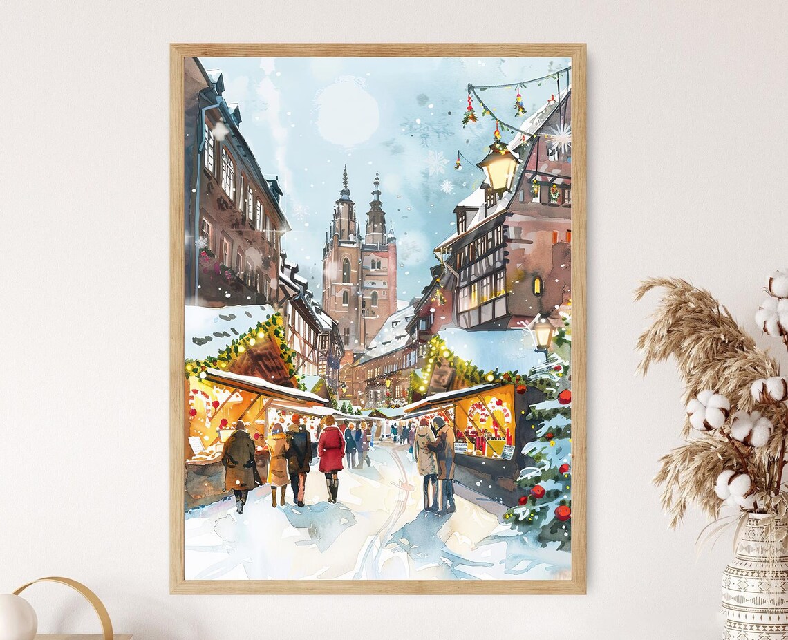 Nuremberg Christmas Market Art Print, Festive Winter Scene