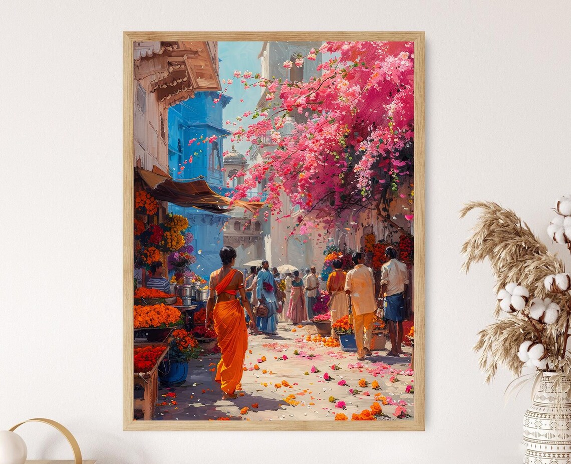 Tamil Nadu Flower Market Art Print, Vibrant Indian