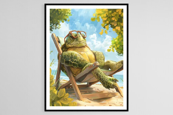 Sea Turtle Sunbathing With Sunglasses Funny Beach Animal Poster