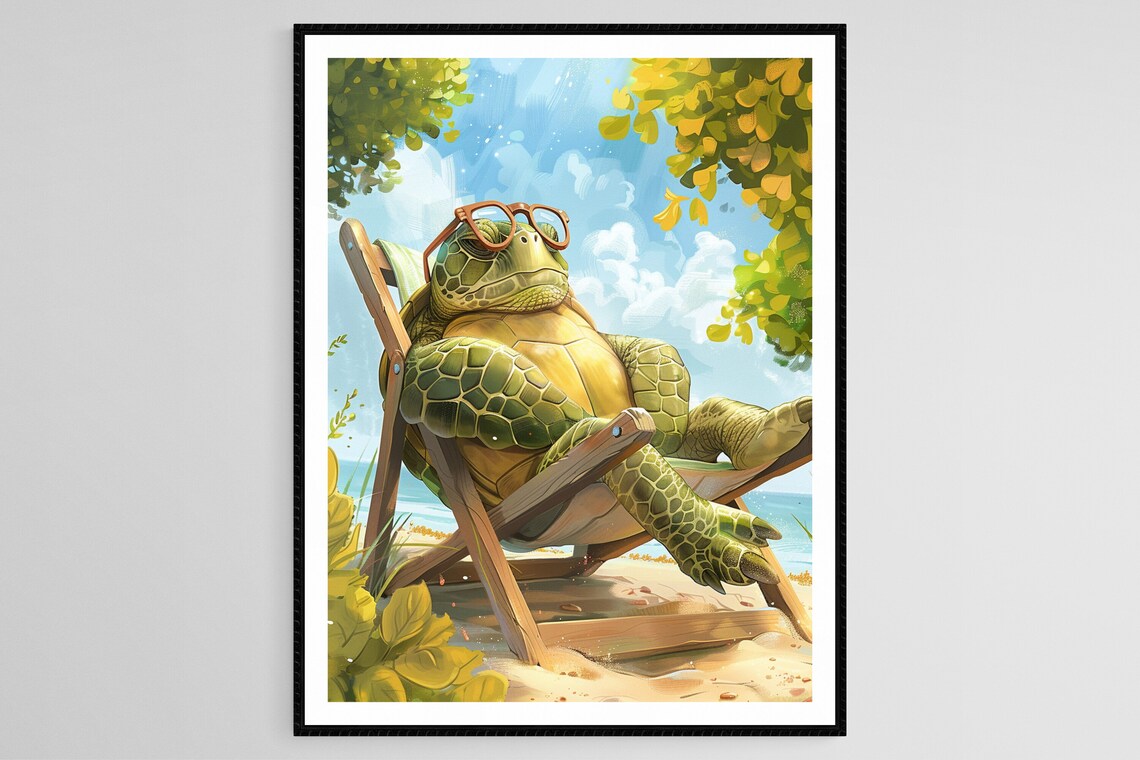 Sea Turtle Sunbathing With Sunglasses Funny Beach Animal Poster