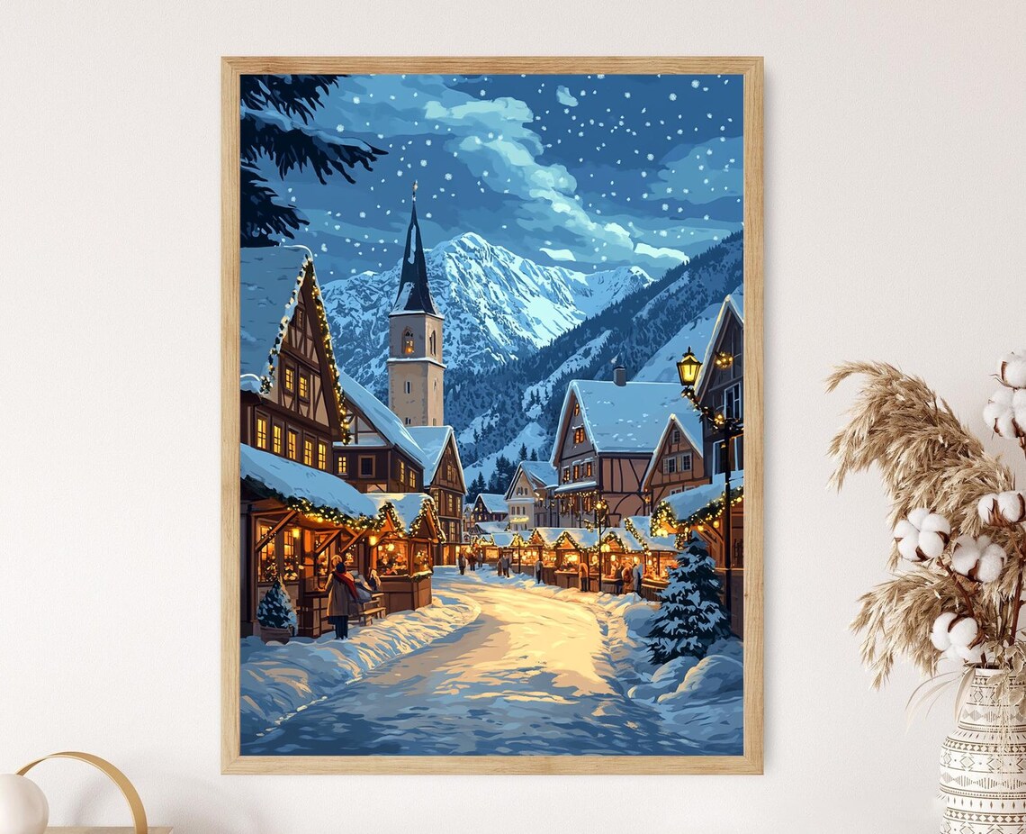 Bavarian Winter Village Art Print, Christmas Market