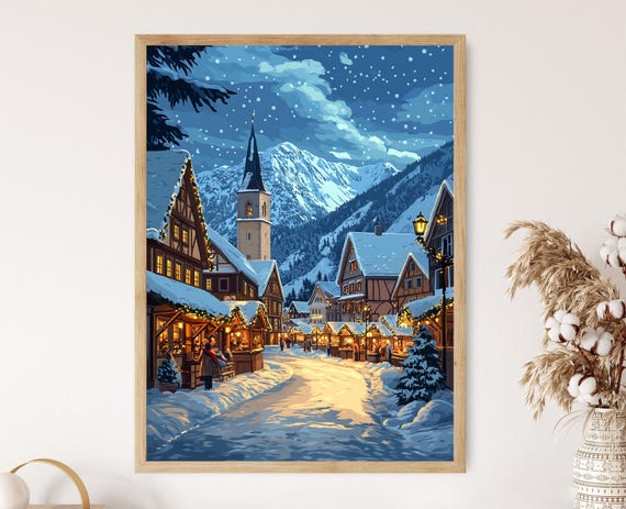 Bavarian Winter Village Art Print, Christmas Market