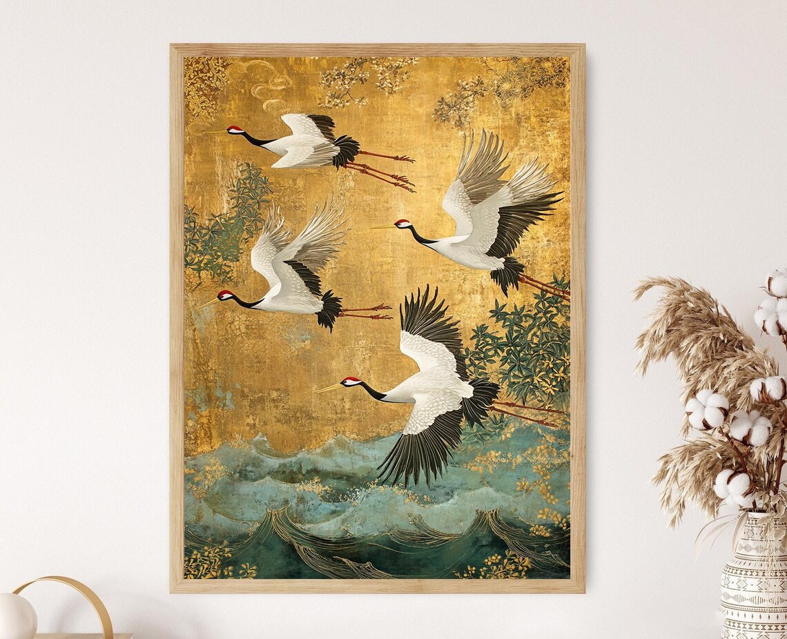 Chinoiserie Crane Art Print, Golden Accents Wall Decor