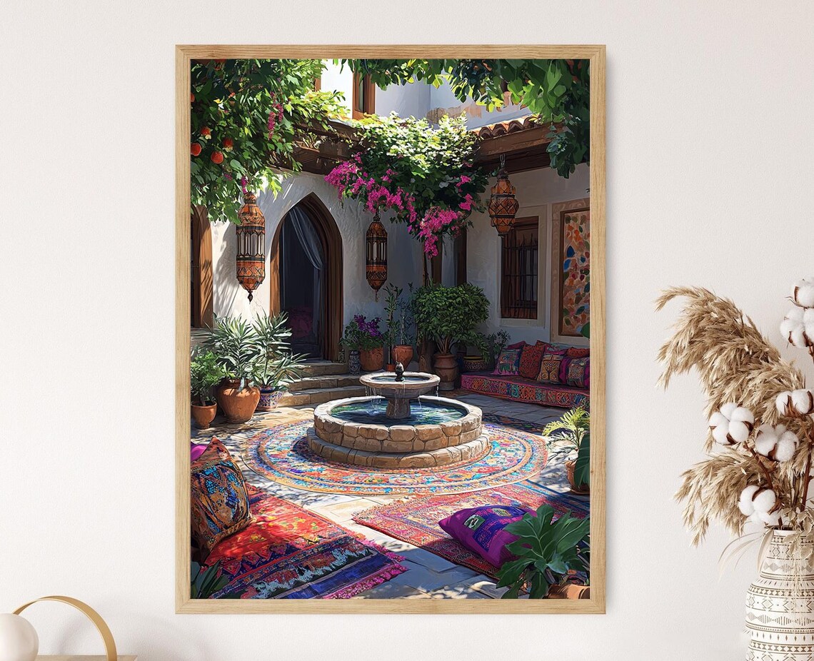 Kurdish Patio Stone Fountain Decor Poster Tribal Pattern Illustration