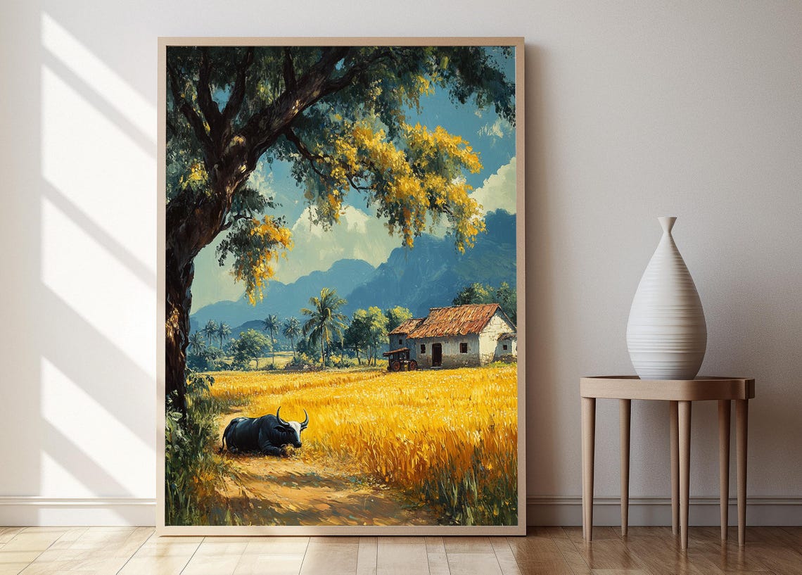 Punjab Village Farm Art Print Wheat Fields And Banyan Tree