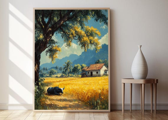 Punjab Village Farm Art Print Wheat Fields And Banyan Tree