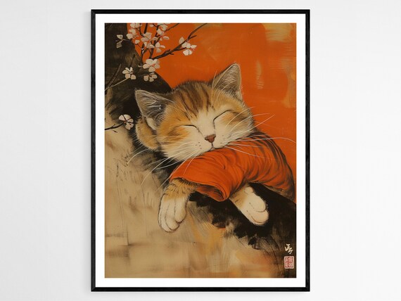 Sleeping Tabby Cat Curled on Blossom Branch Ink Wash Art Poster
