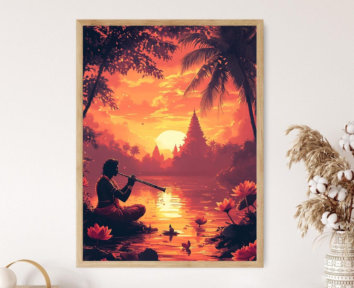 Indian Bansuri Flute Player Art Print Riverside Classical Music Poster