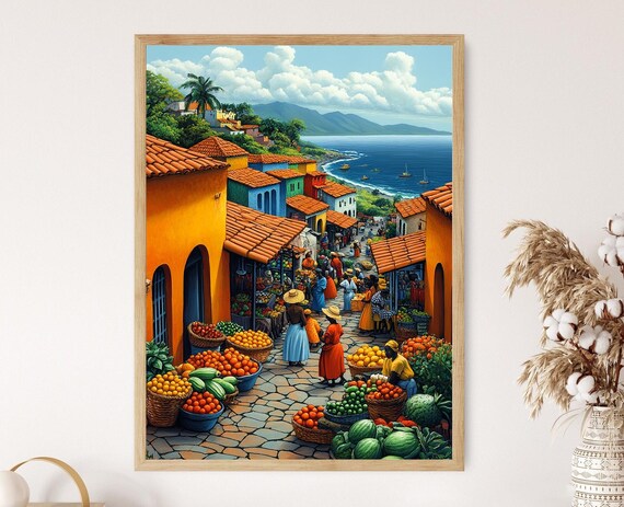 Uganda Marketplace Illustration Colorful Farm Market Painting African Fruit Art Wall Art For Kitchen African Restaurant Decor